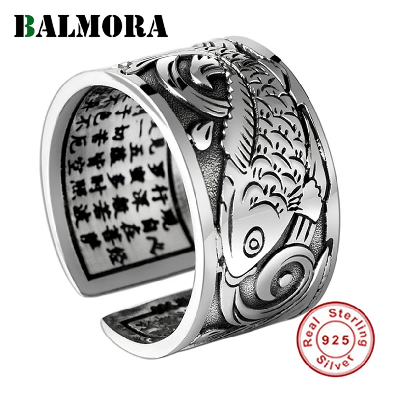 BALMORA Настоящее серебро 999 пробы, Ретро стиль, кои, открытый штабелирующий палец, кольца для мужчин и женщин, для пары, специальный подарок, буддизм, сутра, модное ювелирное изделие