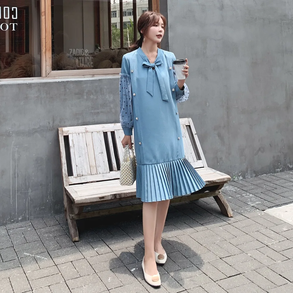 

Photo Shoot Platycodon Grandiflorum Pleated Skirt 2019 Autumn New Style WOMEN'S Dress Retro Sweet Women's Polka Dot Joint Bow Dr