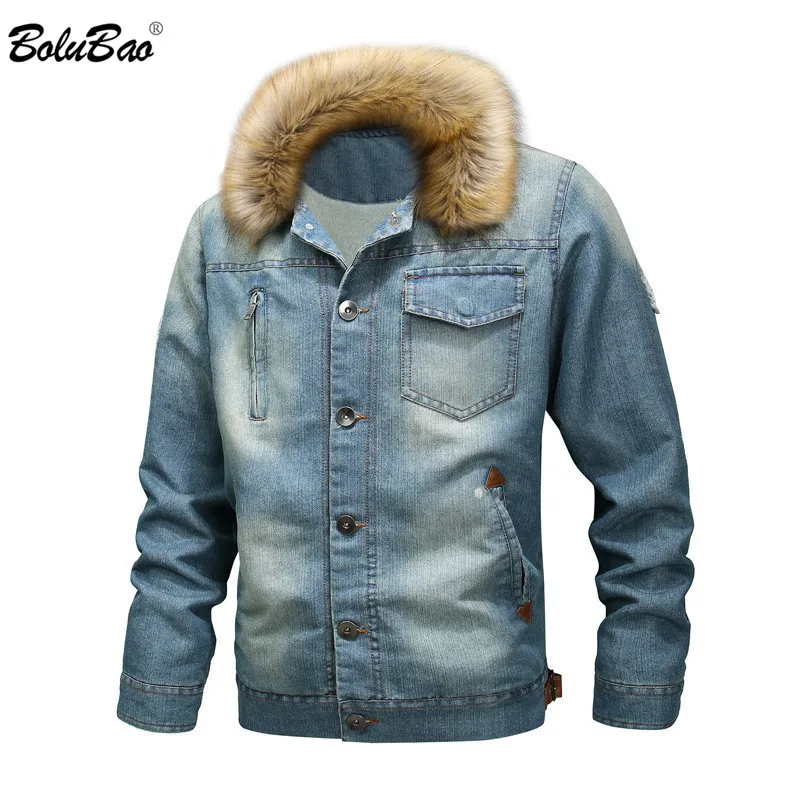 

BOLUBAO Men Denim Jackets Winter Brand Male Washed Fur Collar Denim Jacket Men's Plus velvet Thickening Denim Jacket Coats