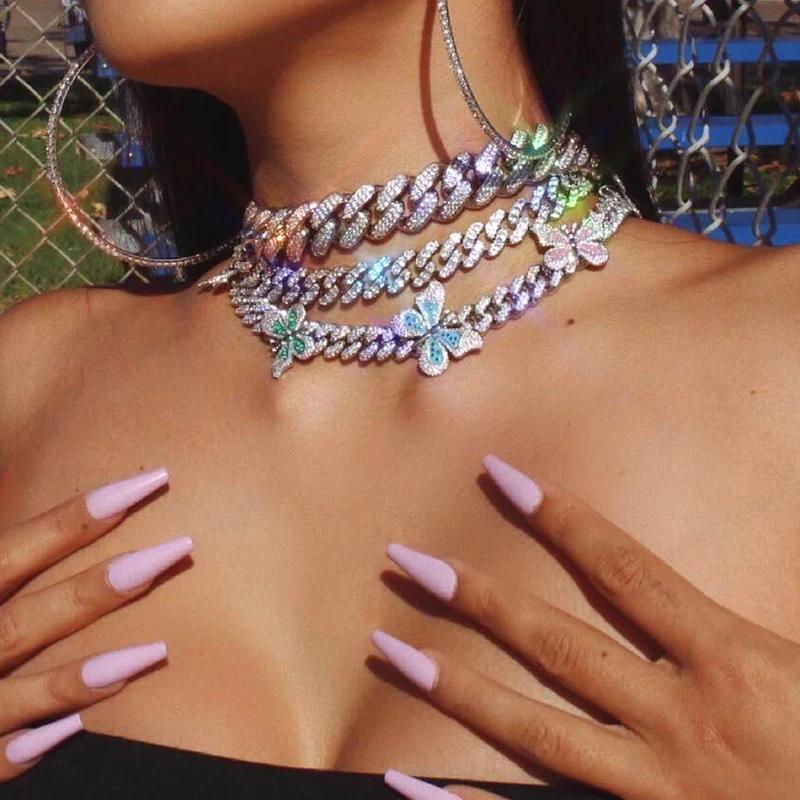 Новые цветные эмаль CZ Бабочка ожерелье 12 мм Льдом Bling Майами КУБИНСКИЙ звено цепи