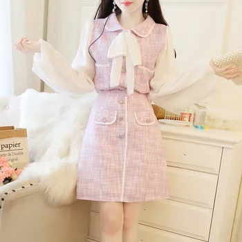 

Autumn Women Two-Piece Suit Temperament Elegant Chiffon Stitching Bow Pocket Top + Single-Breasted A-Line Skirt Set