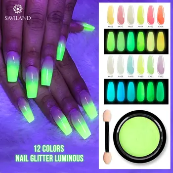 

SAVILAND Luminous Nail Glitter Powder Glow In The Dark 12 Colors Pigment Powder Free Gift Brush DIY for Nails Art Night Show