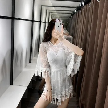 

2020 New Summer Women Dress White Lace Mini Tassel Patchwork Embroidery Flare Sleeve Floral Dresses Sexy O-Neck Folds Fashion