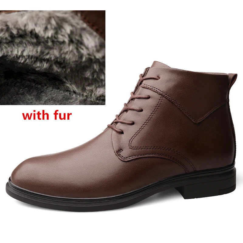 brown fur Роскошные мужские ботинки; мужские ботильоны из натуральной кожи; Высококачественная обувь в деловом стиле; обувь на шнуровке с мехом; теплые классические зимние ботинки для мужчин; o4 - Цвет: brown fur