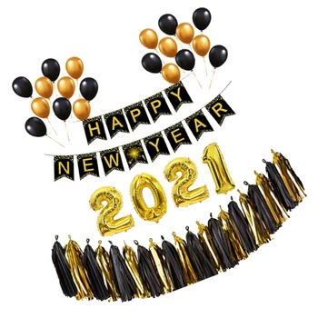 

1 Set of 2021 Happy New Year Balloons Party Banner Glitter Banner Paper Tassel Ball Decorative Bunting Flag