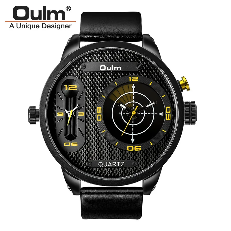 Цвет: желтый Oulm Large Dial Men Sports Watches Top Brand Luxury Men's Watches Dual Display Quartz Wristwatches Men Relogio Masculino - Цвет: Цвет: желтый