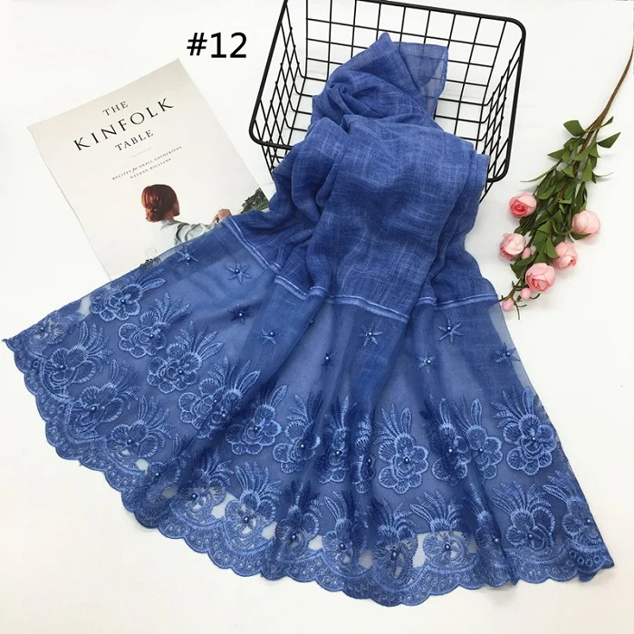 S06 jeans blue Хлопковые двухсторонние кружевные кромки цветок ретро модные шарфы шаль мусульманский хиджаб Бисер для женщин Простой макси глушитель - Цвет: S06 jeans blue
