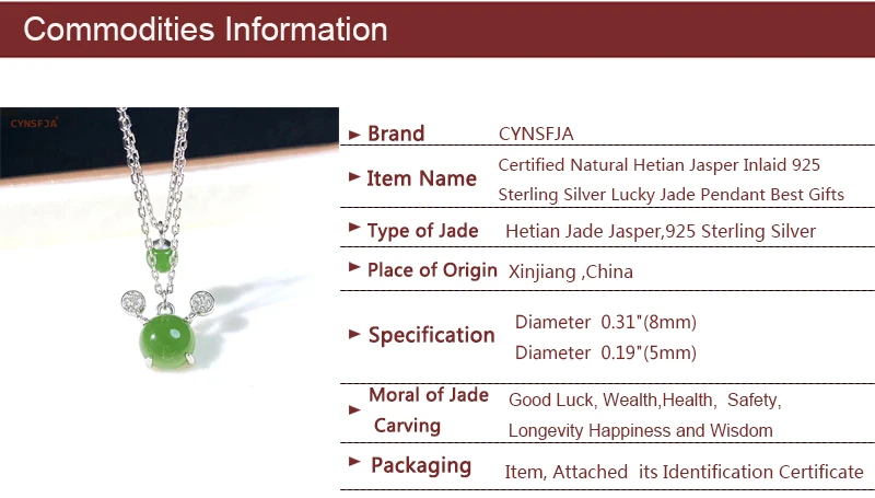 CYNSFJA, настоящее сертифицированное, натуральное, хотанская яшма, 925 пробы, серебро, хорошее ювелирное изделие, зеленый нефрит, кулон, ожерелье, высокое качество, лучший подарок