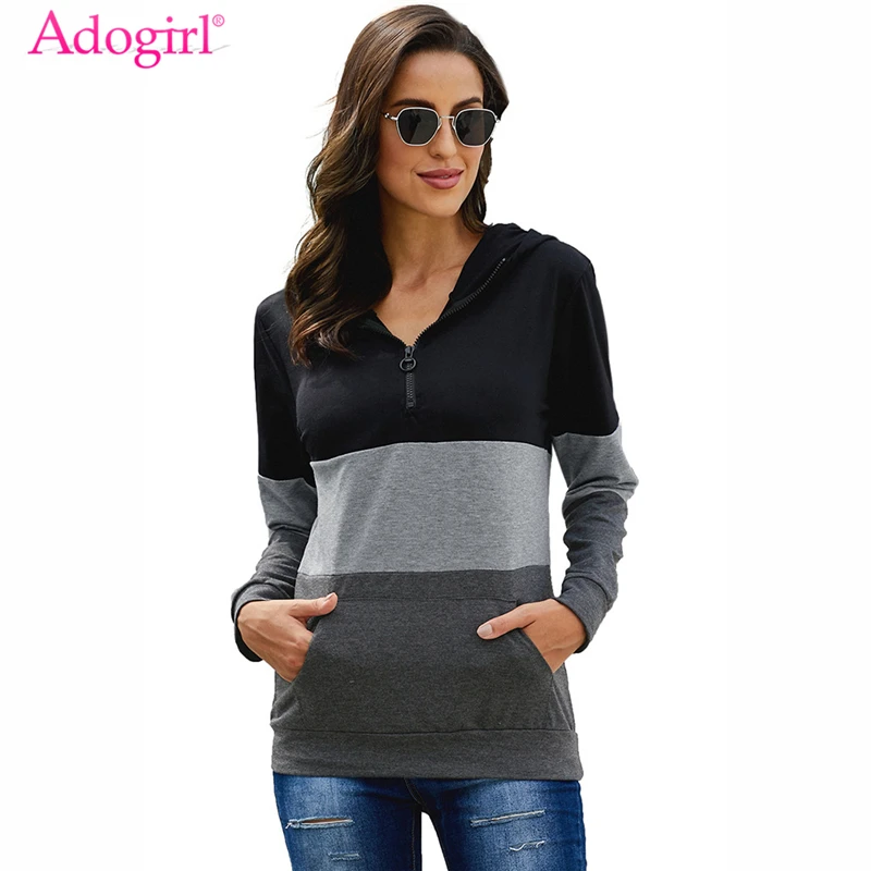 

Adogirl Color Block Zipped Neck Hoodie Adjustable Drawstring Long Sleeve Pockets Ribbed Hem Hooded Sweatshirts Casual Tops