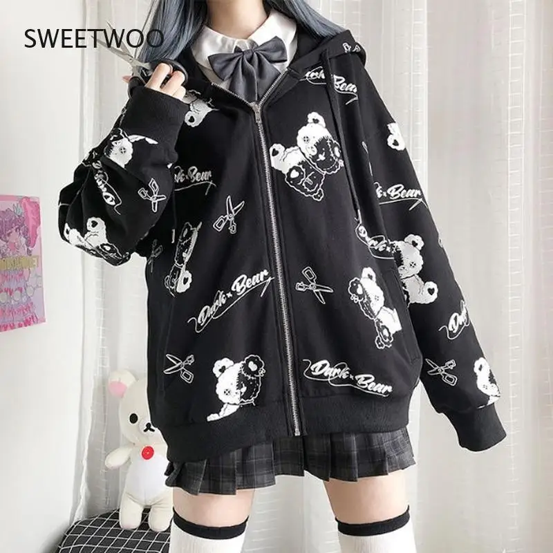 Gothic Sweatshirt Women Kawaii Fashion Autumn Winter Women Hoodies Cute Long Sleeve Zip Up Hoodie Plus Velvet Pullover