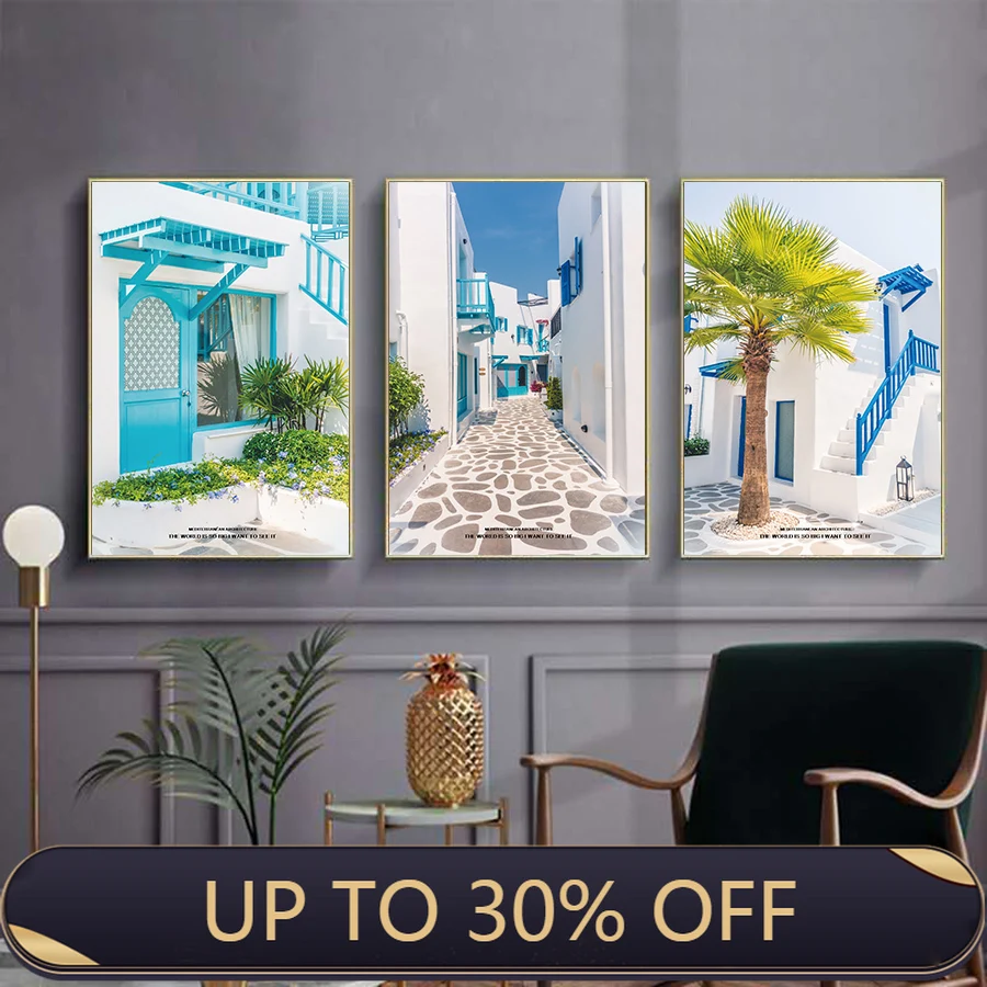 Санторини пейзаж уличное дерево закат Wall Art Холст Картина Nordic Плакаты и печать