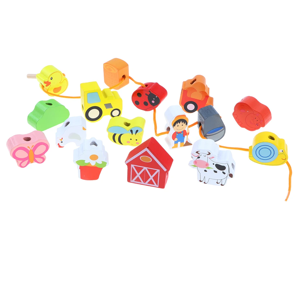 Wooden Lacing & Stringing Beads Cartoon Farm Animals with String Toddler Preschool Fine Motor Skills Toys