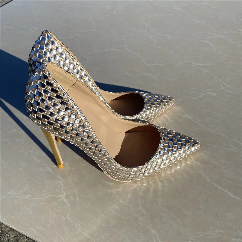 Ke Shang Jia Shiny Plaid Women Stilettos High Heels Bling Party Dress Shoes Ladies Ponited Toe Slip On Pumps Size 33-46