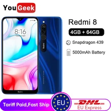 Смартфон Xiaomi Redmi 8 с глобальной версией, 4 ГБ, 64 ГБ, Redmi8, Восьмиядерный процессор Snapdragon 439, две камеры 12 МП, 6,26 дюйма, 5000 мАч, быстрая зарядка