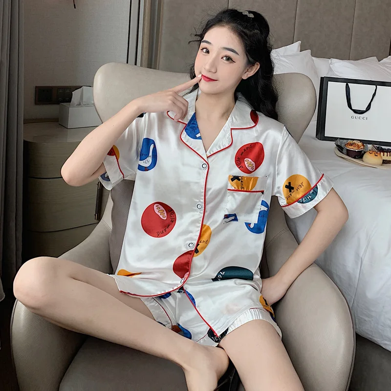 

Summer Iced Silk Pajamas Short Pyjamas Set Sleepwear Pijama Pajamas Suit Female Sleep Lounge Loungewear Pijamas Women