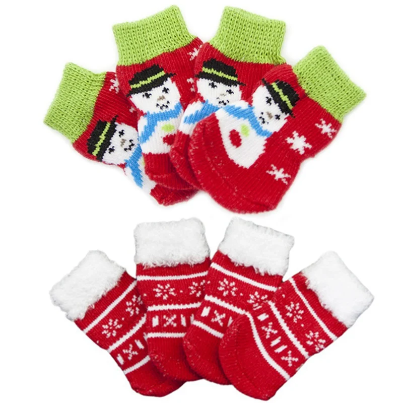 4pcs Cute Christmas Dog Cat Shoes Anti-slip Socks For Christmas Warm Puppy Dogs Knit Socks Snowflake Print Cats Shoes Boots