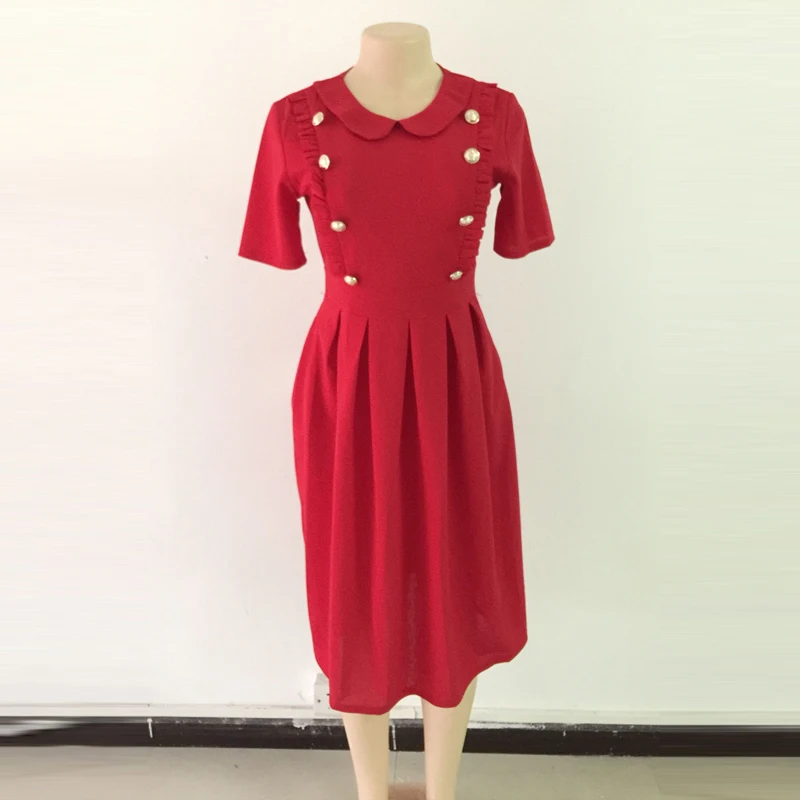 OTEN Pin up винтажное осеннее женское платье года, офисное платье с рюшами и короткими рукавами, плиссированное, на кнопках, тонкие, однотонные, вечерние, элегантные, женские