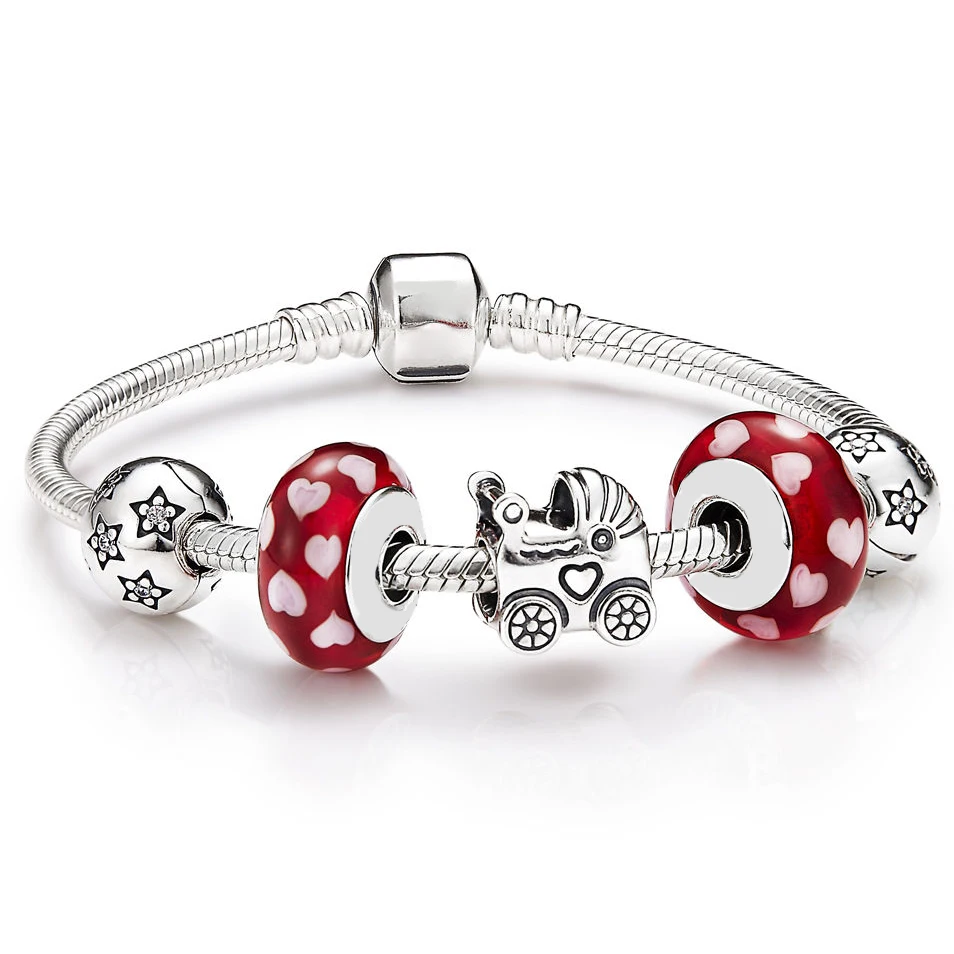 

Keris Store 100% 925 Brand New 1:1 Attractive Gift Heart Shape Glass Bead Stars and Pumpkin Car Charm Bracelet Set