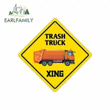 EARLFAMILY 13cm x 13cm for Trash Truck Crossing Sign Funny Car Stickers Vinyl Sunscreen RV VAN Fine Decal JDM Car Accessories