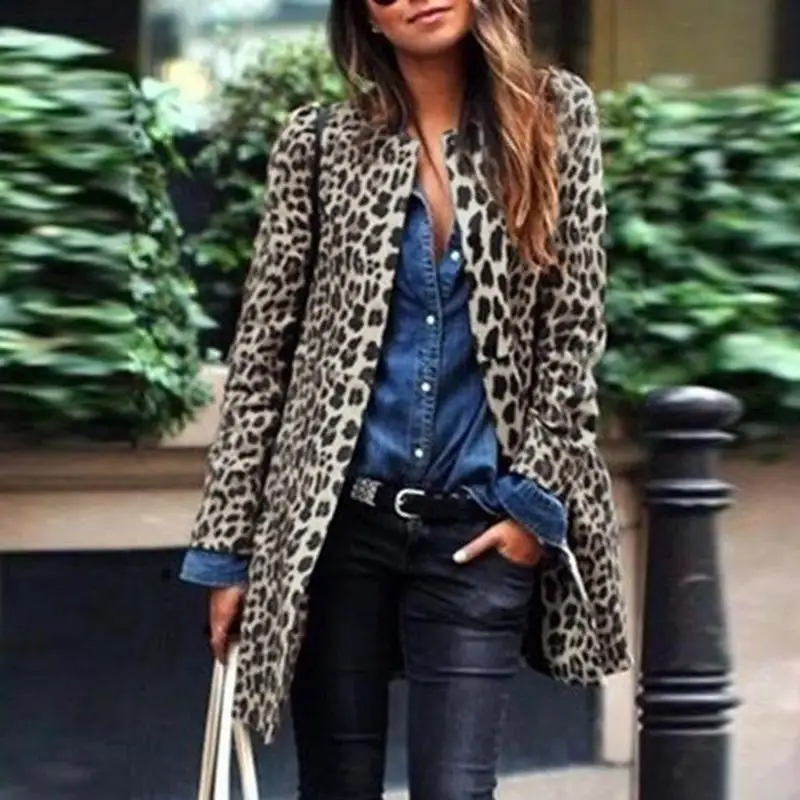 Мода ZANZEA женские осень длинный рукав Леопардовый принт Длинные куртки повседневные тонкие пальто открытый передний кардиган Femininas вечерние пиджаки - Цвет: Серый