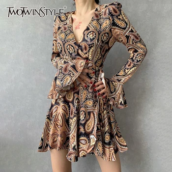 

TWOTWINSTYLE Print Ruffles Asymmetrical Dresses For Female V Neck Flare Long Sleeve High Waist Lace Up Women's Dress Fashion New