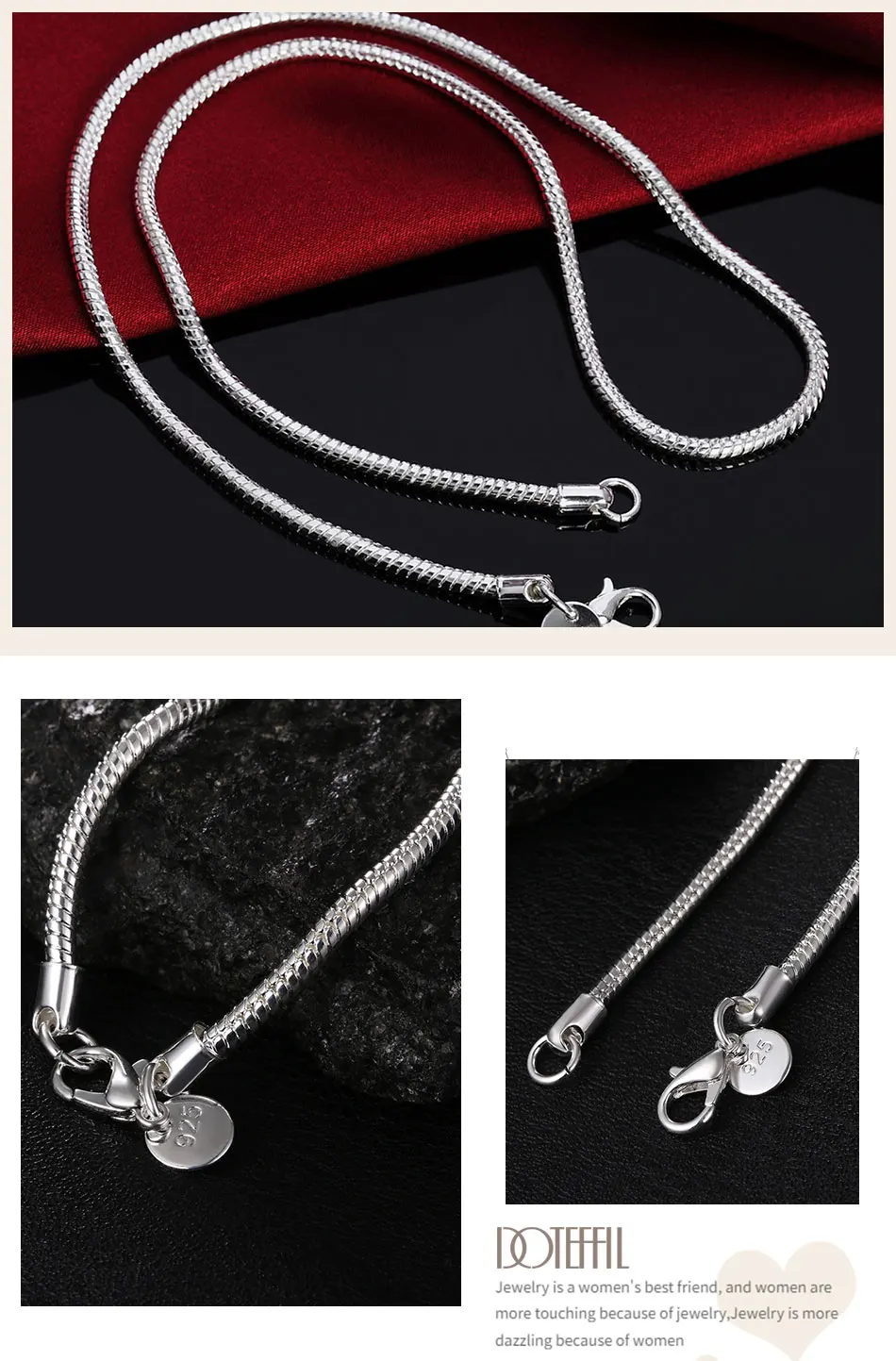 DOTEFFIL 925 Sterling Silver 16/18/20/22/24 Inch 3mm Snake Chain Necklace For Women Man Fashion Wedding Party Charm Jewelry DOTEFFIL 925 Sterling Silver 16/18/20/22/24 Inch 3mm Snake Chain Necklace For Women Man Fashion Wedding Party Charm Jewelry