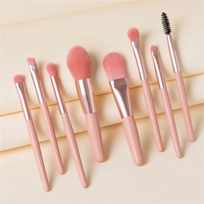 8pcs 휴대용 메이크업 브러쉬 세트 얼굴 아이 립 섀도우 속눈썹 속눈썹 스풀 재단 파우더 브러쉬 화장품 도구