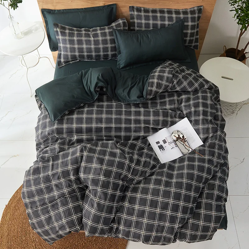 

Gray white plaid and B side solid black color new Bedding Sets Duvet Cover sheet Japan 4pcs bed set pillowcases brief bedclothes