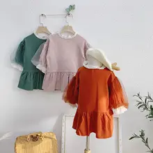 Korean style girls mesh lantern sleeve princess dress Autumn baby girl cotton patchwork cute dresses