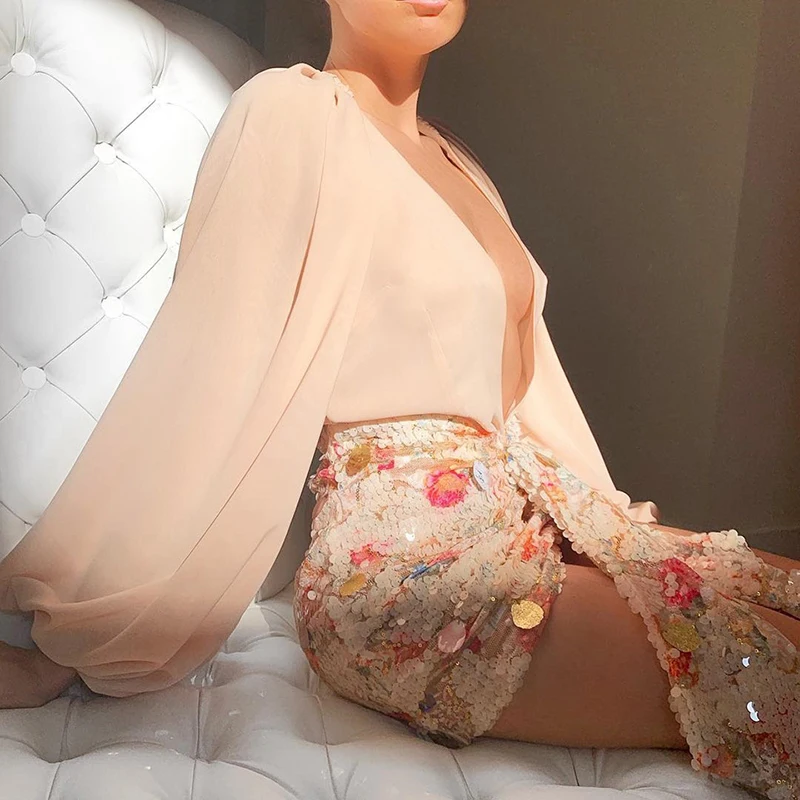 

iClosam Women Floral Shell Sequin Skirt Fashion Front Drop Short Bottom High Waist Mini Wrap Skirt Sexy Club Party Outfits Skirt