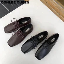 Повседневные Туфли-оксфорды на шнуровке; женские балетки на плоской подошве с квадратным носком; лоферы на низком каблуке; водонепроницаемые мокасины на плоской подошве; женские кроссовки; женские тонкие туфли; коллекция года; Осенняя обувь; винтажные Туфли-оксфорды в стиле ретро; обувь для отдыха; zapatos mujer