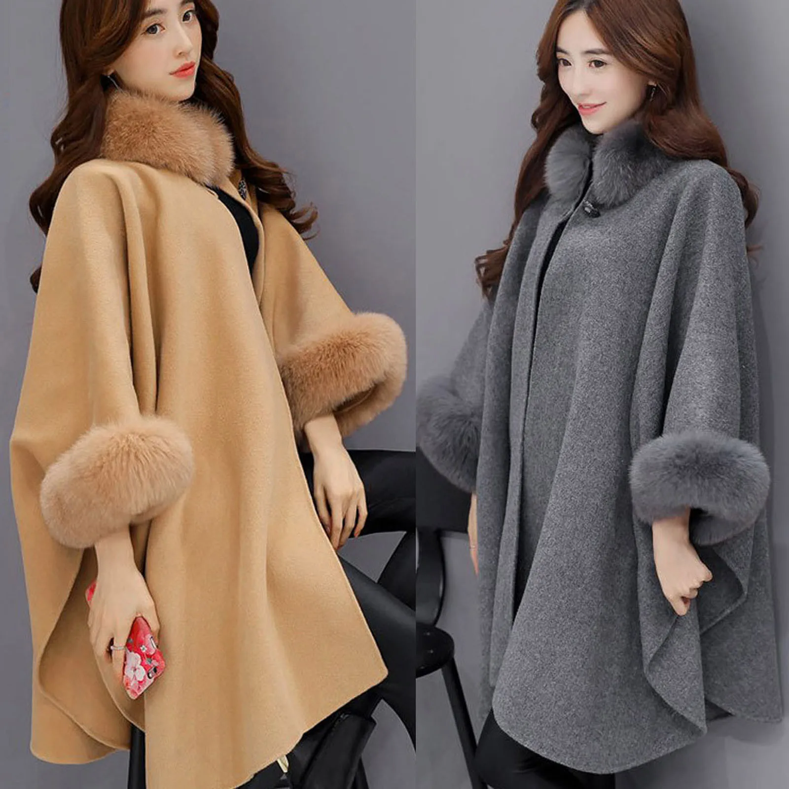 

Winter Fur Coat Fashion Women Keep Warm Jacket Casual Woollen Outwear Collar Cardigan Cloak Coat Faux Fox Fur Warm Outwear