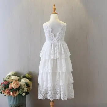 

White Lace Dress for Girls Ankle Length Wedding Party Dresses Vestidals 2020 Backless Kids Girl Beach Dress Children Clothing
