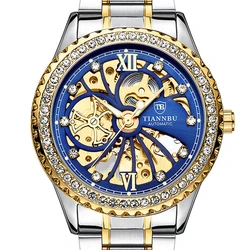 TIANNBU Reloj de pulsera mecánico automático para hombre, accesorio de pulsera resistente al agua con espejo Hardlex, tallado con diamantes incrustados