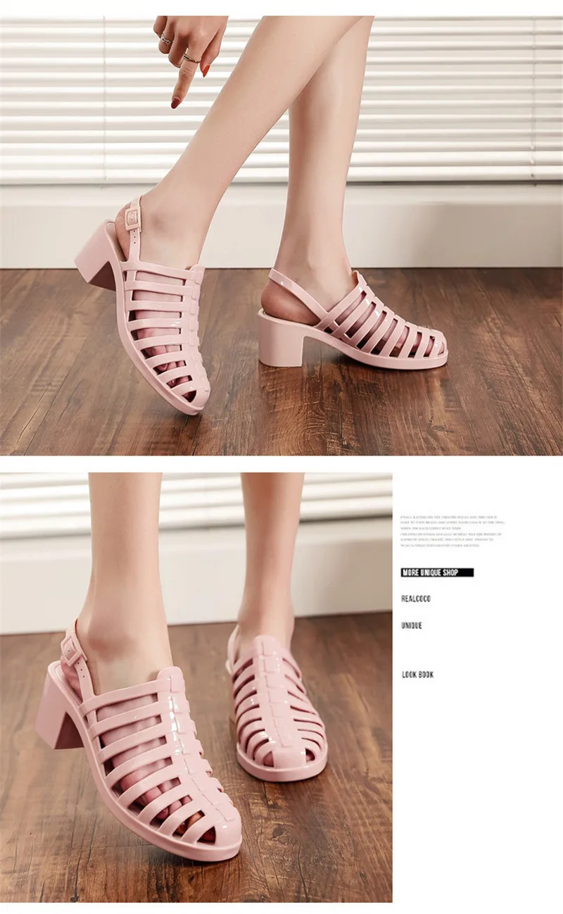 Rain Closed Toe Sandals Female High-Heeled Shoes Transparent Crystal Plastic Beach Women Jelly Shoes High Heels Sandals Slippers Waterproof  (25)