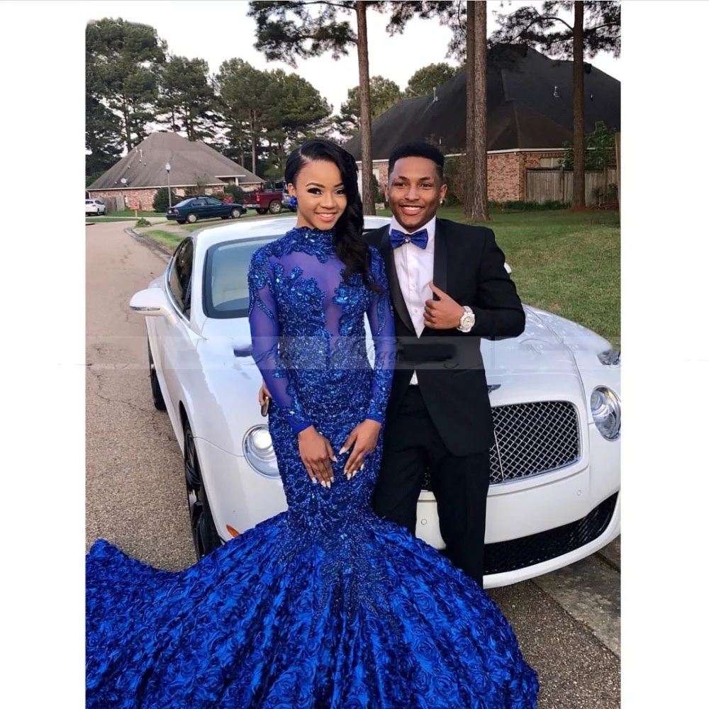 

Royal Blue 3D Floral Mermaid Prom Dresses Black Girls High Neck Long Sleeves African Plus Size Evening Formal Dress Court Train