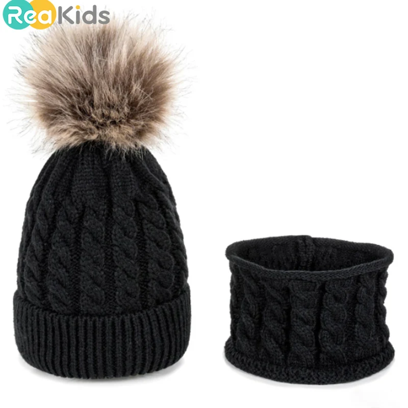 

REAKIDS 2 Pieces /Set Suitable For Newborn Children Winter Hat+Scarf Suit Knit Hat Warm Pompom Hat Boys And Girls Universal Cap
