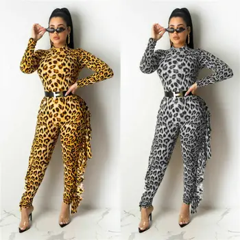 

2020 Newest Creative Women Siamese Long Shirt Tights Long Sleeve Siamese Leopard Sportswear Ruffled jumpsuit Slim bodysuit