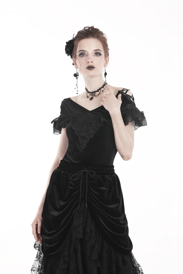 

Darkinlove Women's Gothic Off Shoulder Velvet Short Sleeved Tops Steampunk Retro Party Shirt