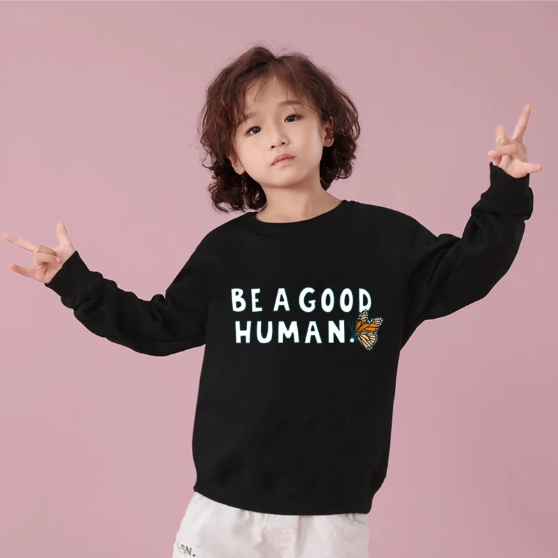 Толстовка для девочек; унисекс; толстовки для подростков; BEA GOOD HUMAN; одежда с длинными рукавами; однотонные; черные; милые толстовки для маленьких мальчиков