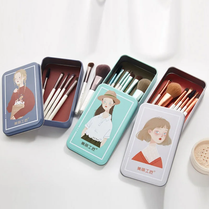 Cute 7pcs/set Makeup Brush With Portable Iron Box Eye Shadow Eyeliner Eyelash Eyebrow Make up Brushes