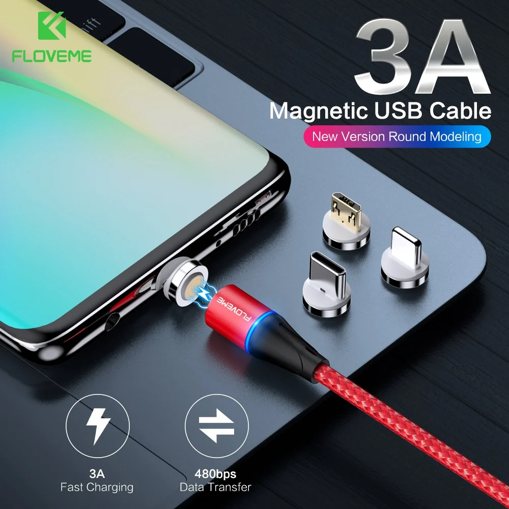 FLOVEME Магнитный кабель Micro usb type C для iPhone кабель освещения 1 м 3A провод для быстрого заряда type-C Магнитный кабель для зарядки телефона