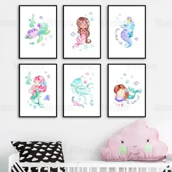 

Cartoon Animation Poster Colorful Mermaid Turtle Hippocampus Jellyfish HD Canvas Painting Wall Art Kids Baby Nursery Home Decor