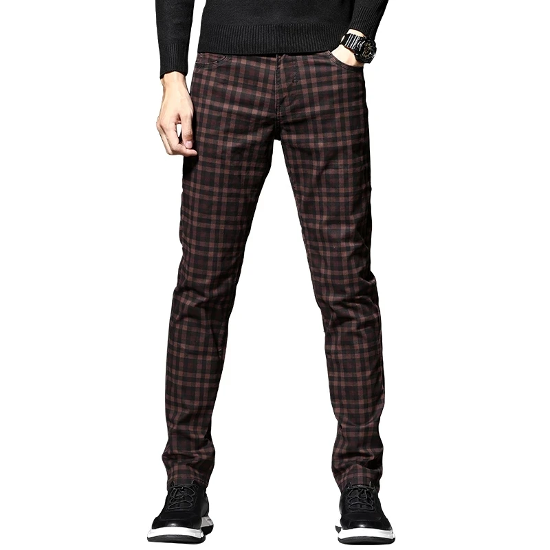 Casual Pants Trousers Plaid Fashion Clothing Stretch Slim Mens Cotton High-Quality Spring
