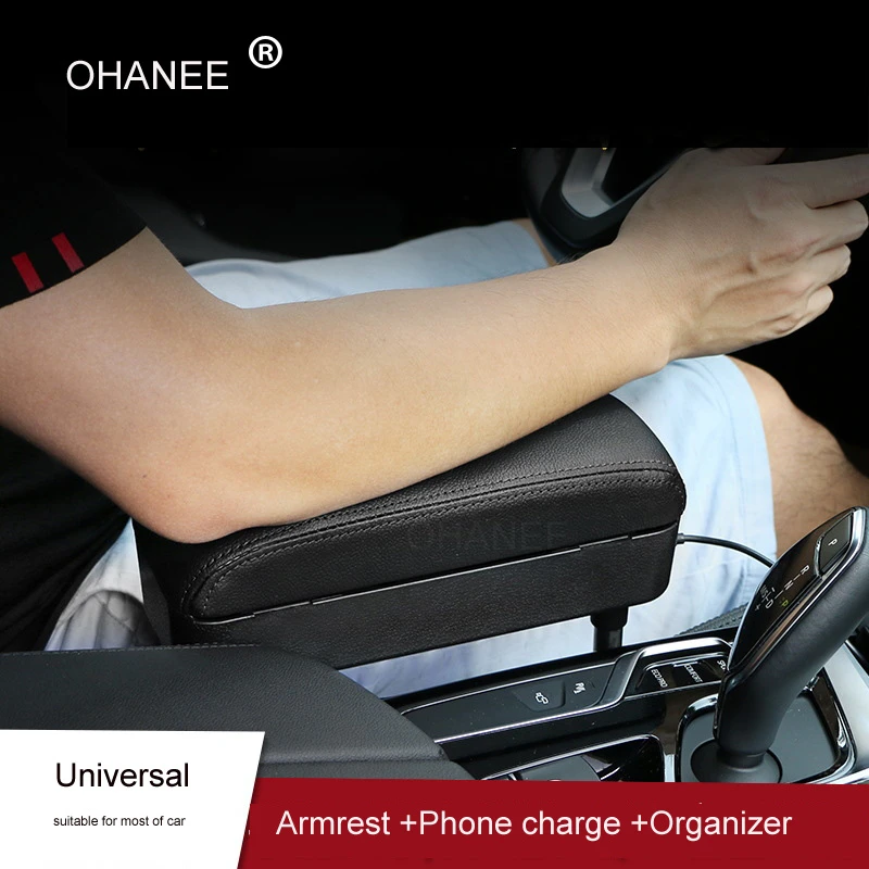 

OHANEE Adjustable Car Armrest Pad Refit Car Central Lift Armrest with Storage Box Organizer and USB Charge Auto Accessories