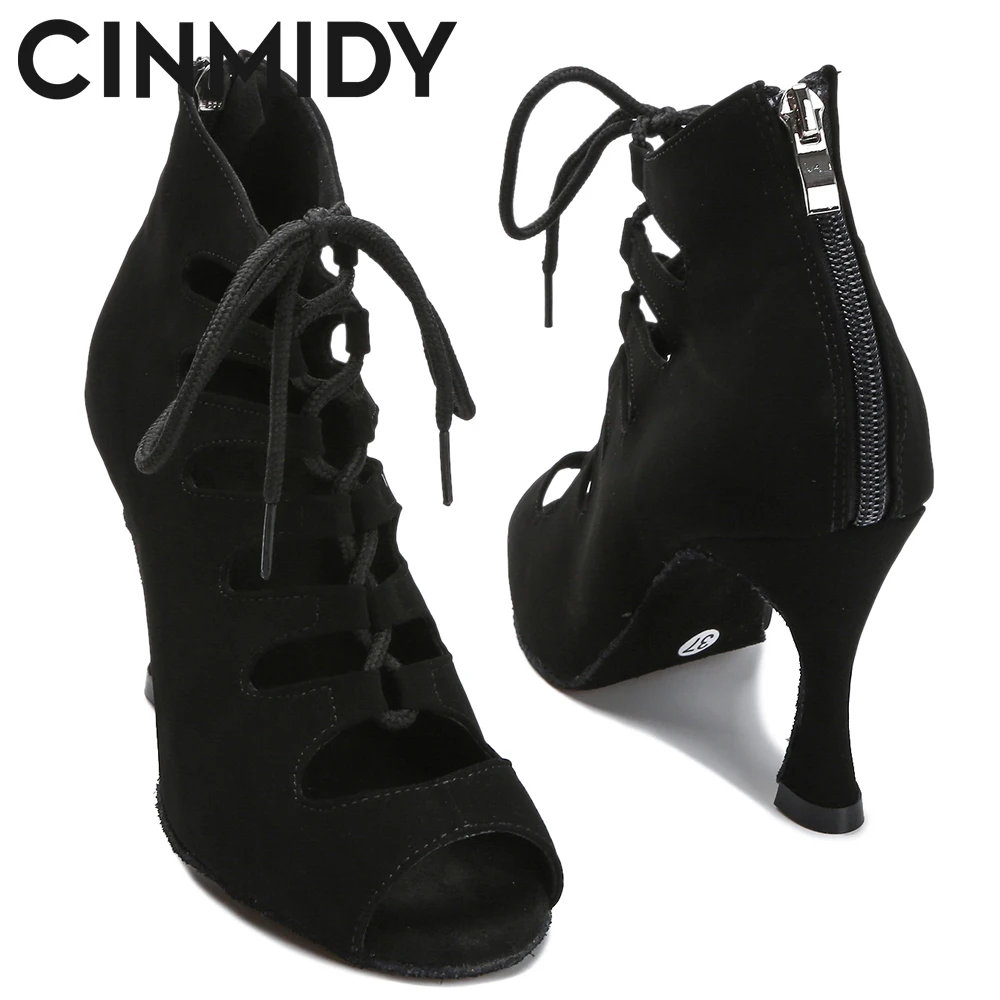 Black Latin Dance Shoes Women Tango Salsa Rumba Ballroom Satin Dance Boots Red Sexy Pole Shoes Ladies High Heels