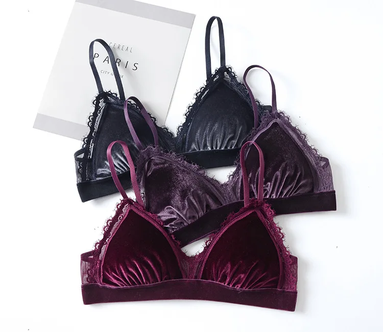 Sexy Velvet Underwear Set with Lace Wireless Triangle Bra with Removable Padded Mesh Lined Women Velvet Lingerie cute underwear sets