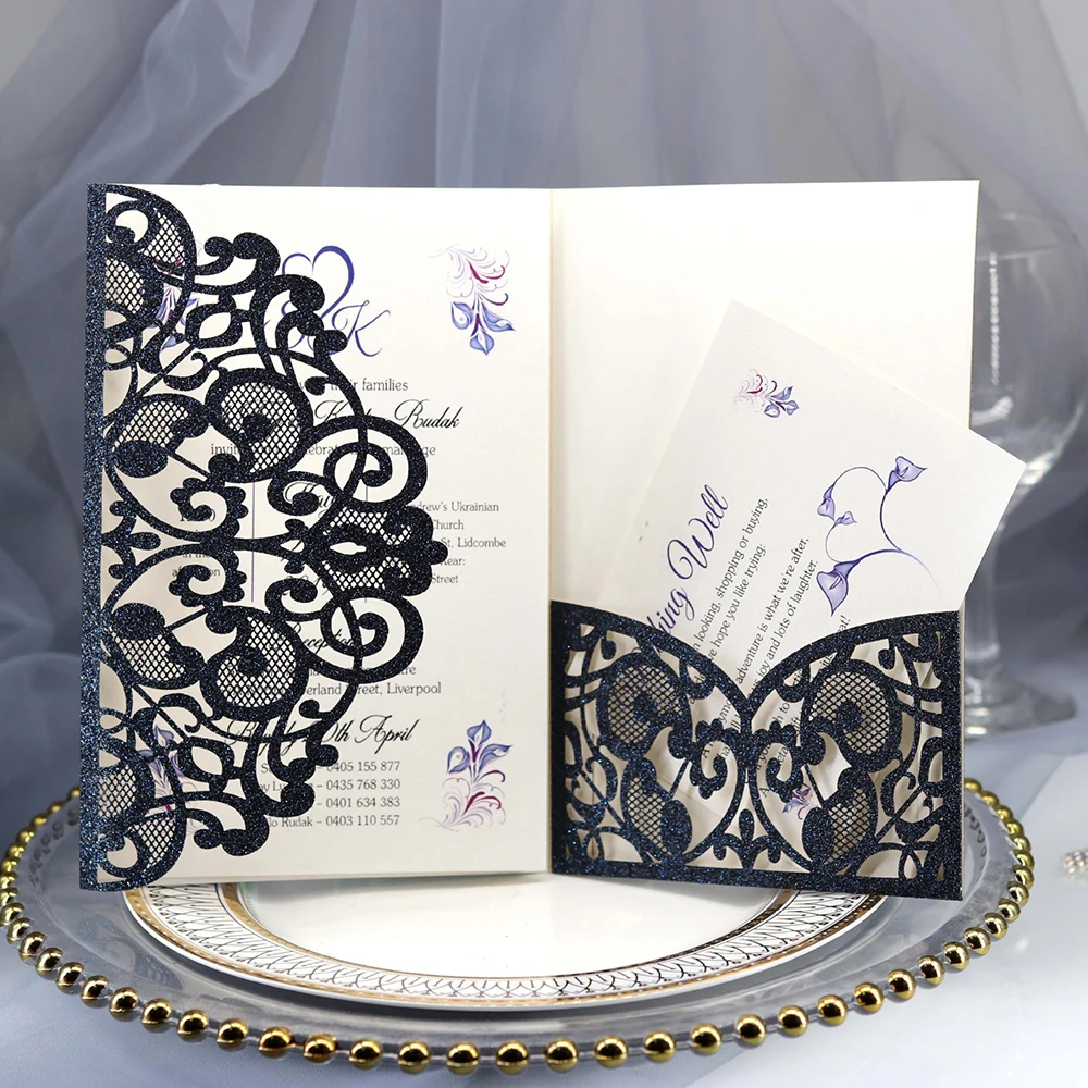20 шт 3 складки 5x7 ''темно-синие свадебные приглашения карты с бордовыми лентами для свадебной вечеринки помолвка день рождения