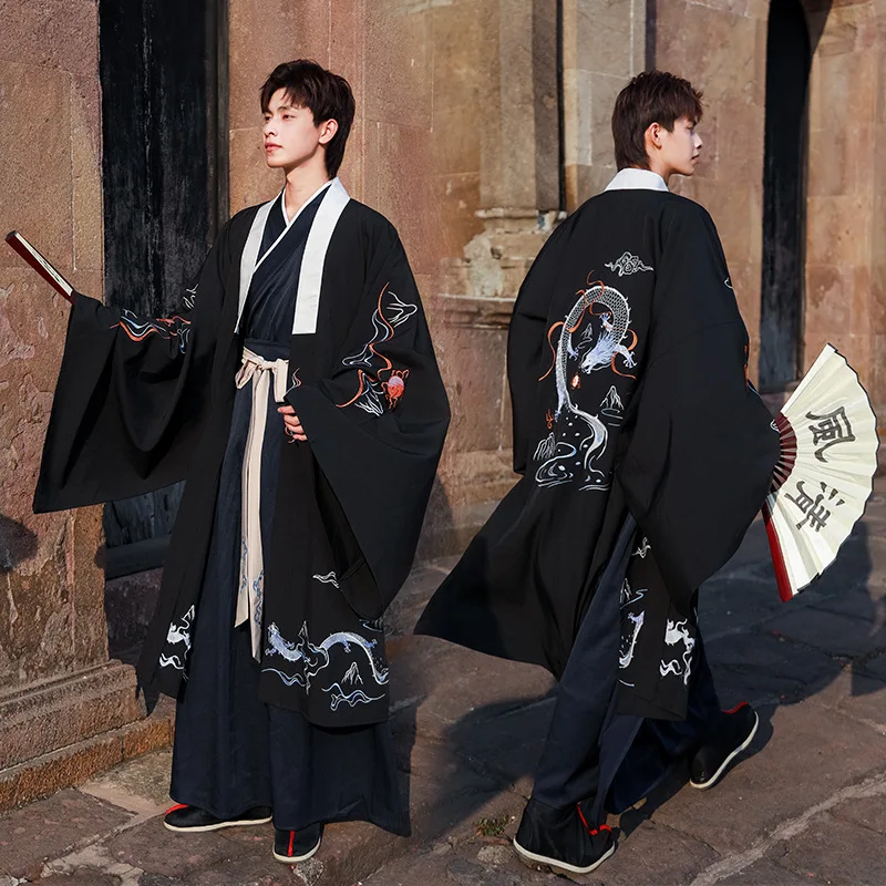 Men Tang Suit Ancient Costume Hanfu Folk Dress Black Embroidered Dragon
