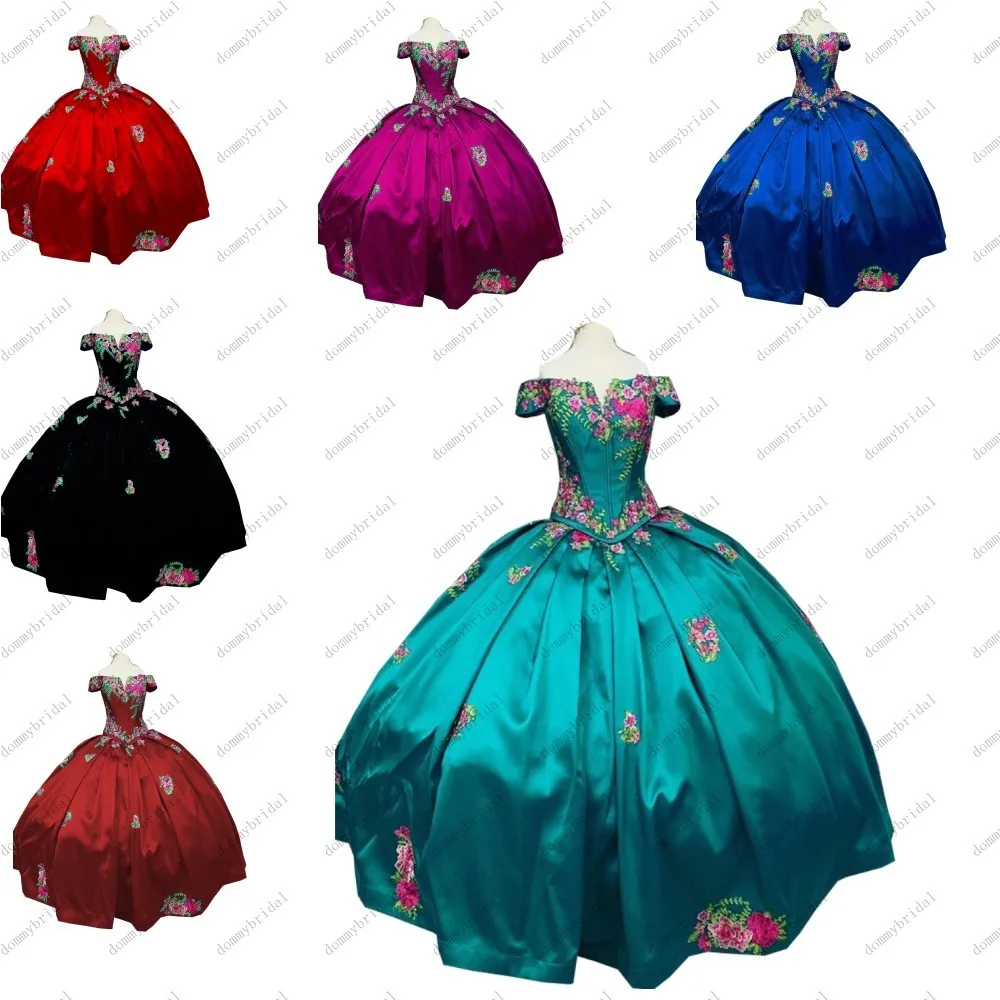 

Vintage 3D Floral Flowers Off the shoulder Black Burgundy Royal Blue Ball Gown Dresses Quinceanera Evening Formal Party 15 Years